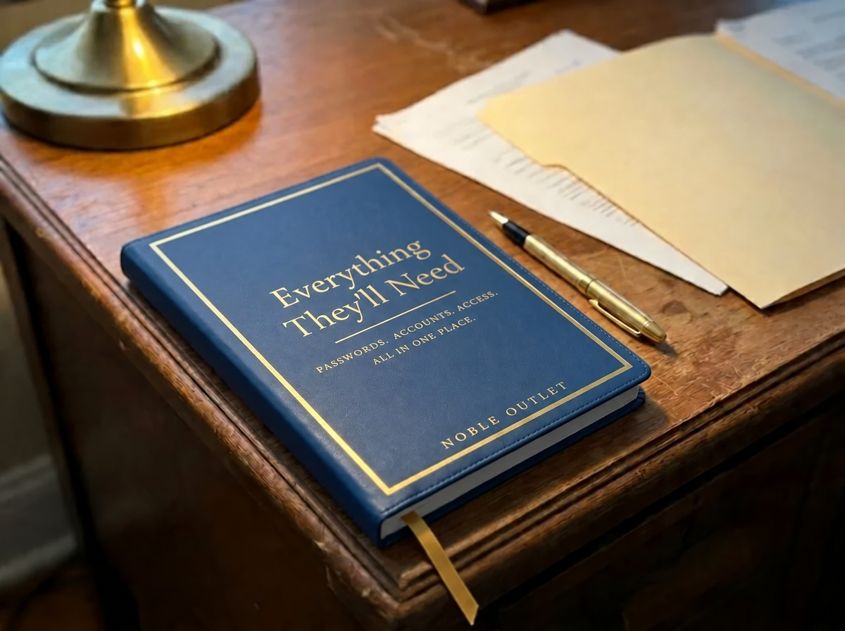 Noble Outlets planner on a wooden desk