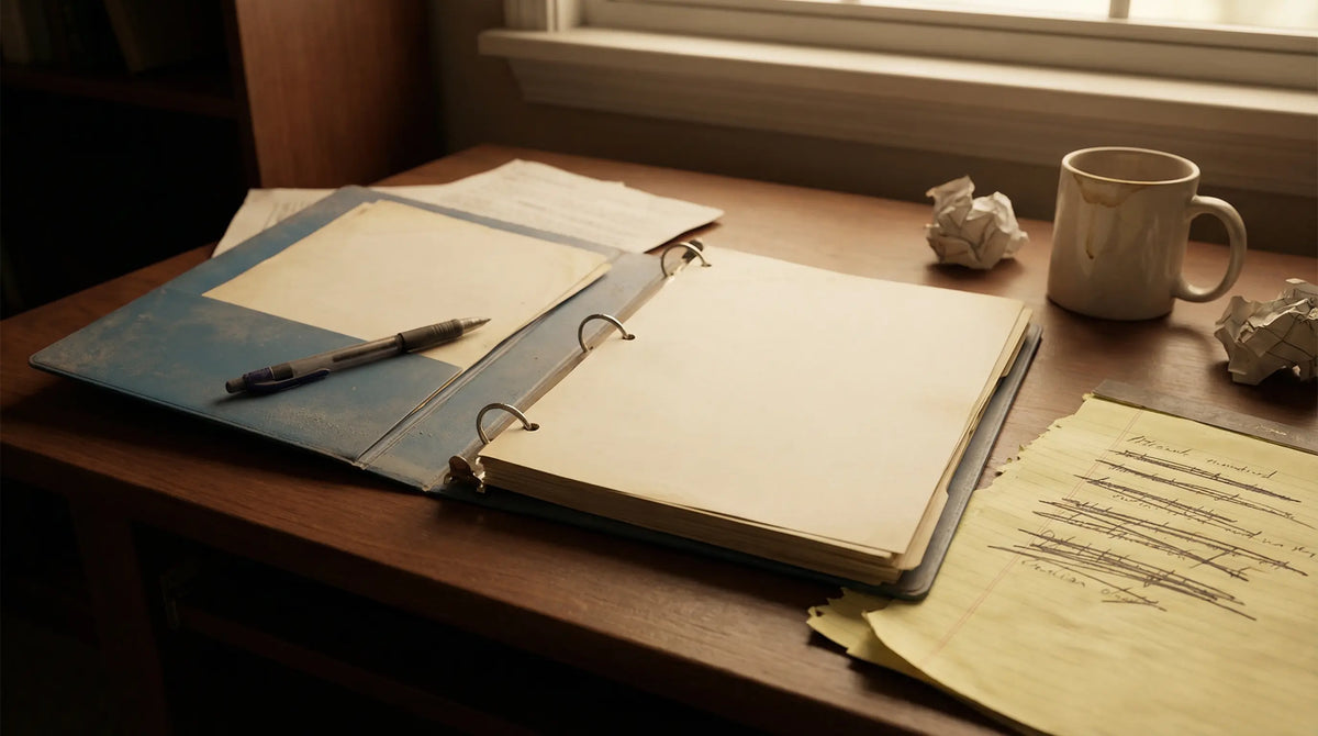 Unorganized binder on desk