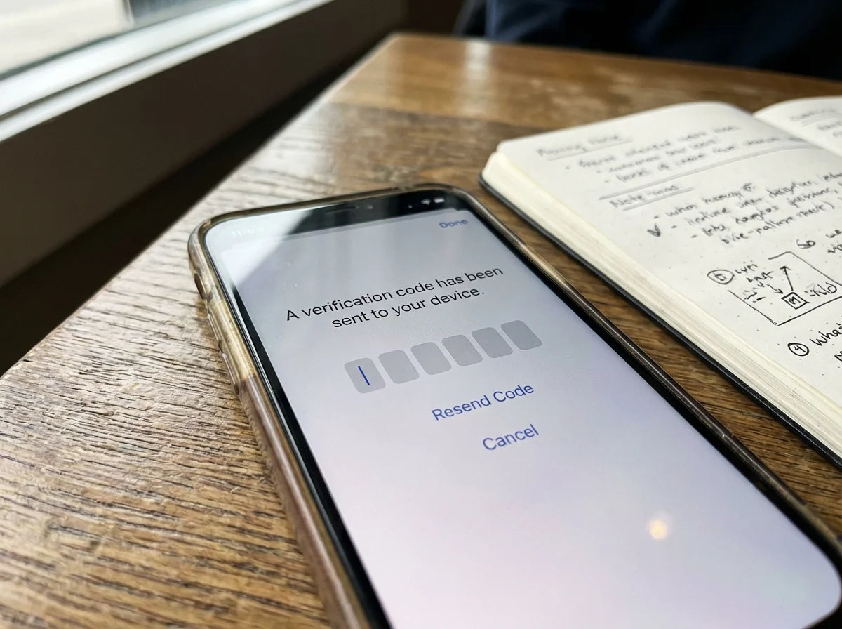 Phone verification code beside a handwritten password notebook