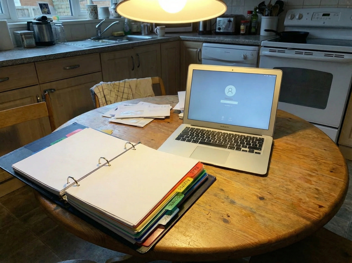 Laptop and organized account notebook on a kitchen table